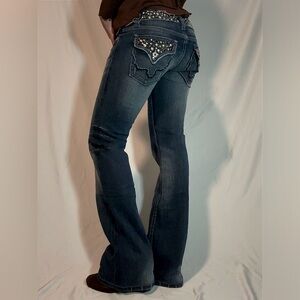 Miss Me Dark Blue Flare Jeans with Embellished Pockets